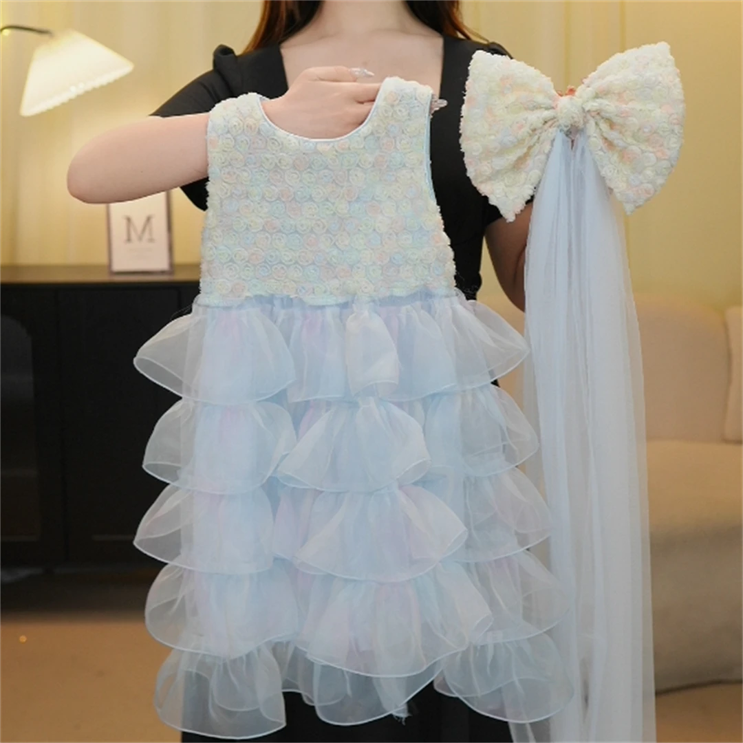 2025女童夏季新款高端定制纱裙亲子装女童公主蓝色蓬蓬裙