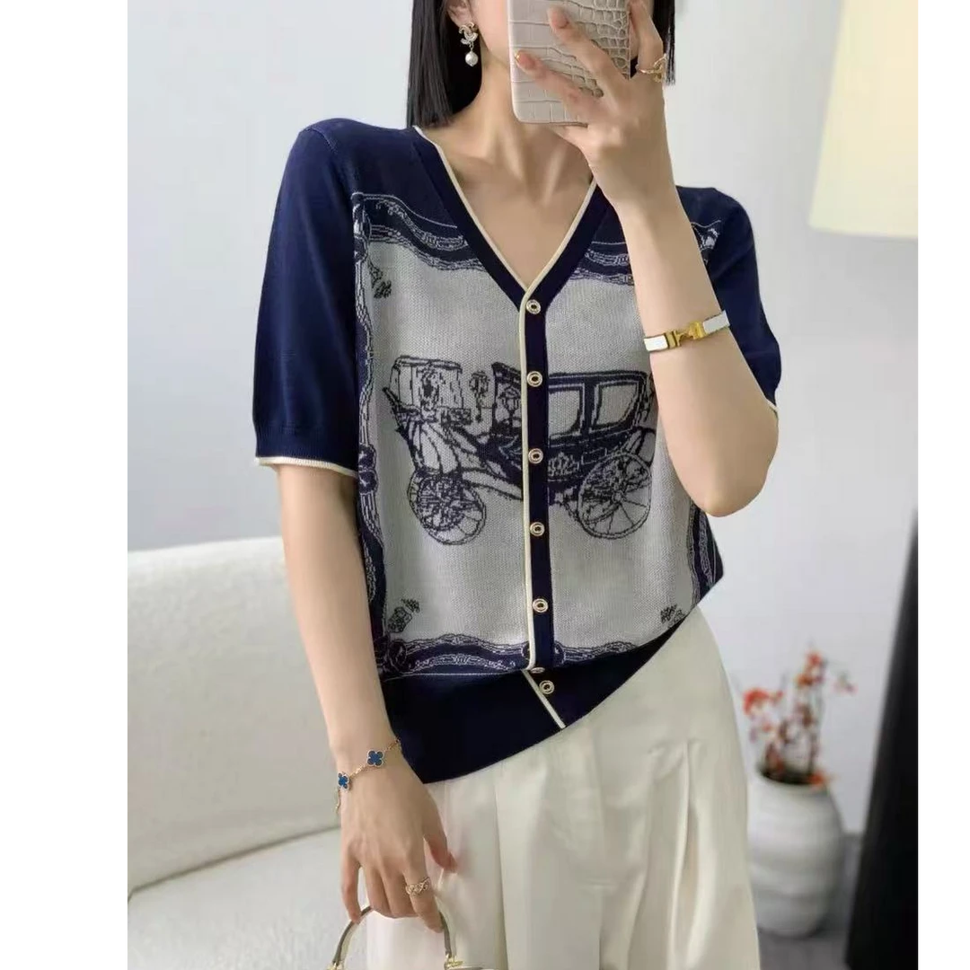 【马车提花】莱赛尔100复古高级感v领夏季新款针织假开衫薄款短袖