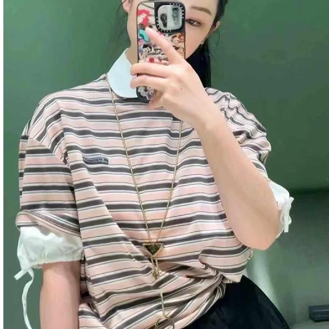 【FELOCCA】小众字母徽标撞色条纹圆领宽松短袖T恤25STX262