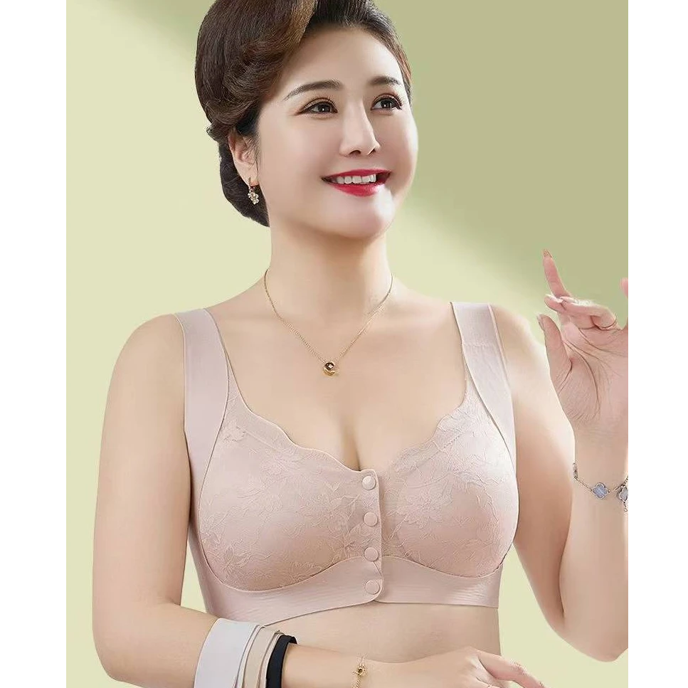 2025新款妈妈前扣大码内衣女显大聚拢文胸中老年蕾丝美背胸罩