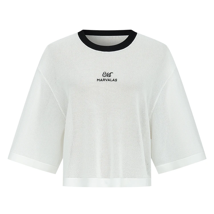 曼德诗针织T恤新款圆领镂空冰丝撞色套头衫M733110901