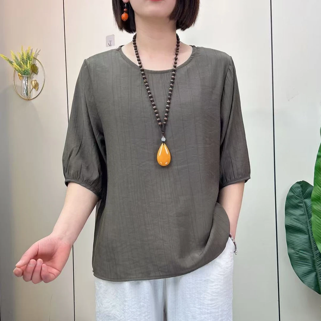 夏季圆领五分袖T恤洋气宽松显瘦复古薄款纯色上衣女
