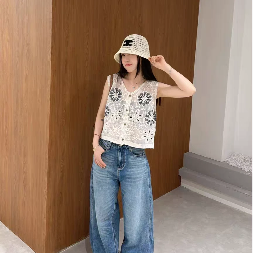 新品刺绣网纱拼接夏季上衣V领流苏珠片开衫马甲无袖针织衫女KS030