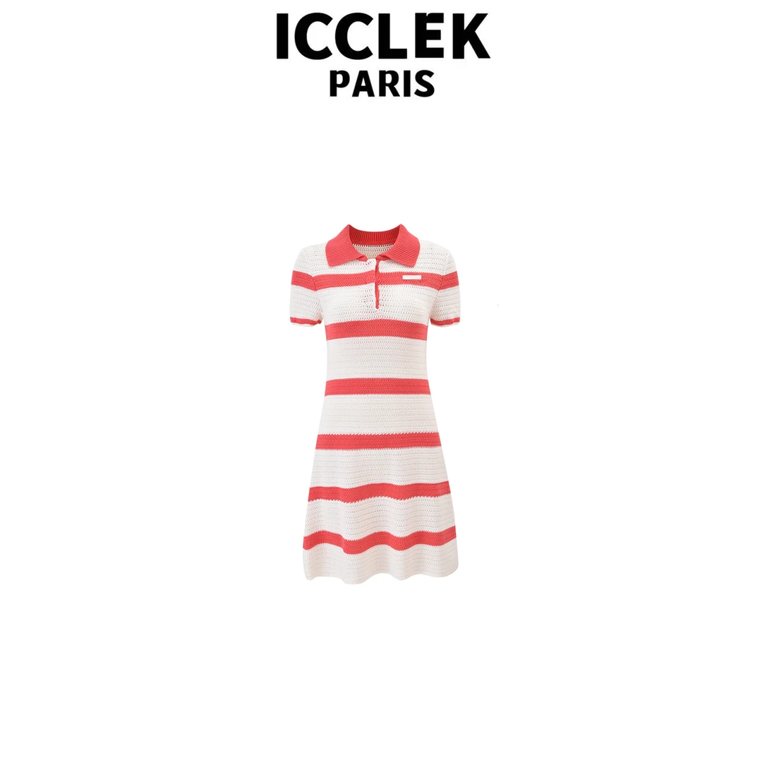红色条纹字母翻领针织连衣裙修身显瘦气质减龄百搭通勤裙子 -1325