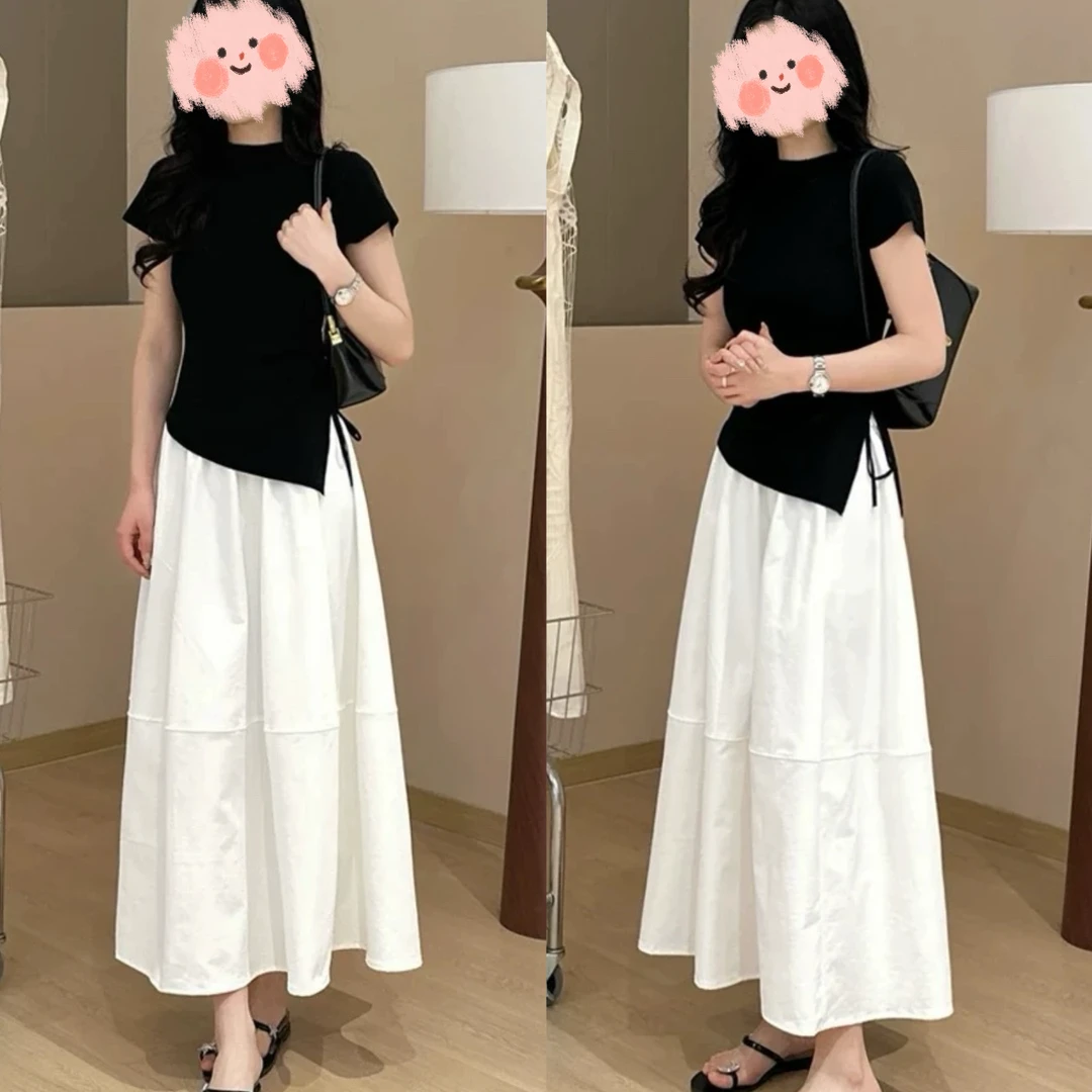 2025夏季新款韩系设计感小众收腰短袖T恤搭高腰显瘦半身裙两件套