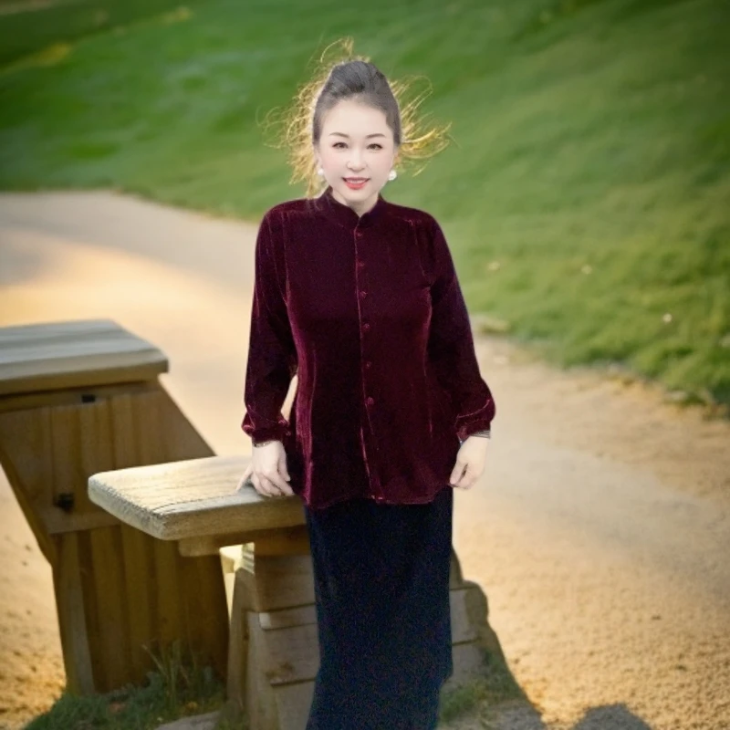 6688166丝绒立领长袖衬衫