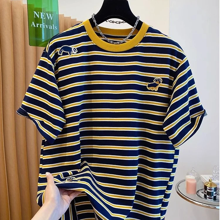 胖MM大码韩版别致刺绣条纹t恤女装短袖夏季宽松慵懒风上衣