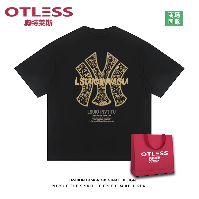 OTLESS/奥特莱斯夏季新款百搭纯棉圆领短袖T恤潮流印花宽松透气