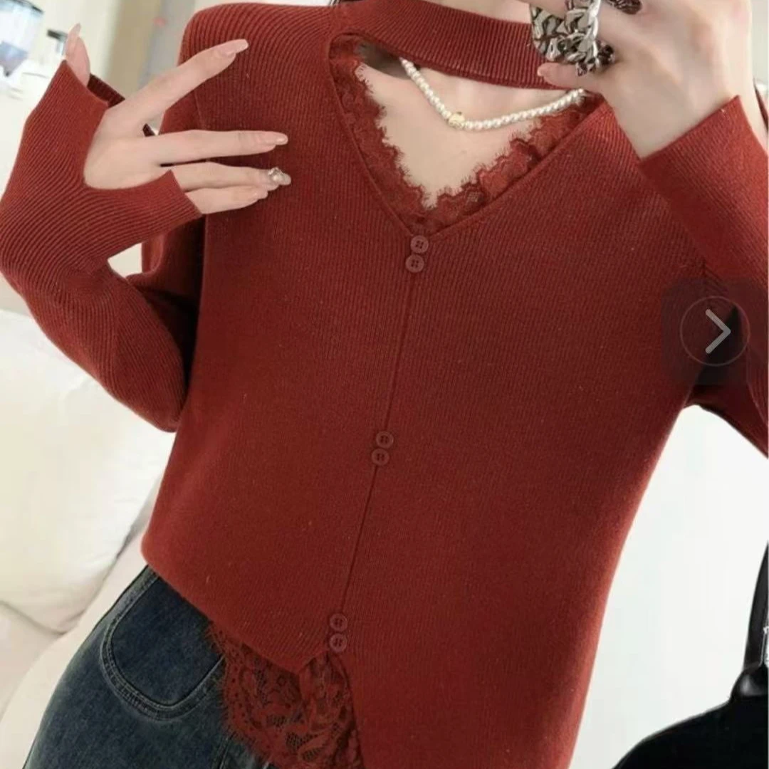9051拼蕾丝镂空设计女针织打底上衣