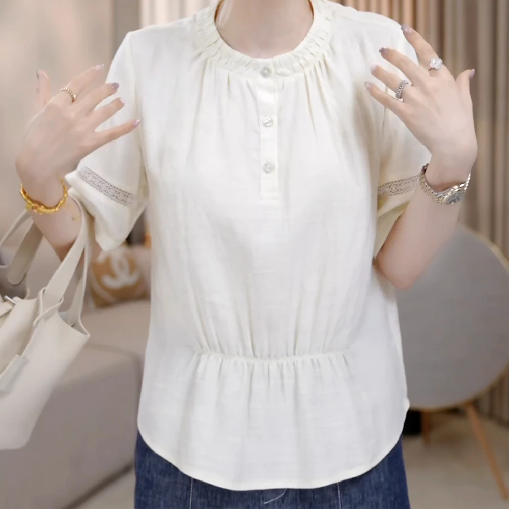悠悠夏日圆领半纽扣薄款显瘦小衫
