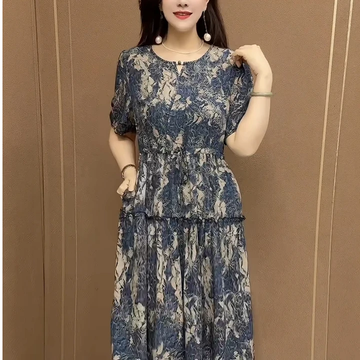 夏季新款中长款短袖大码连衣裙女洋气时尚休闲复古潮流拼接大摆裙