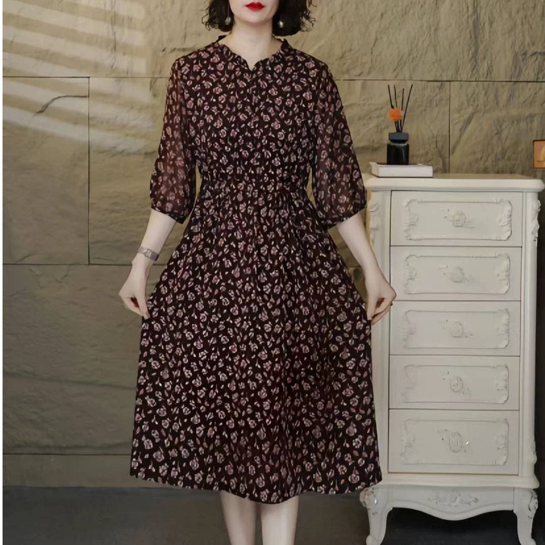 1163【依】七分袖夏季百搭时尚简约休闲显瘦遮肉减龄碎花连衣裙