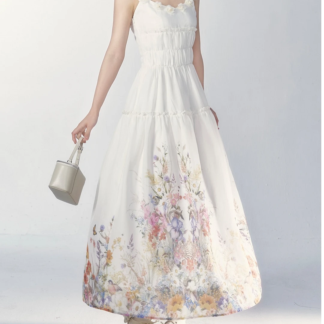 蒲恋白色吊带连衣裙女2025夏新款收腰显瘦气质法式度假设计感长裙