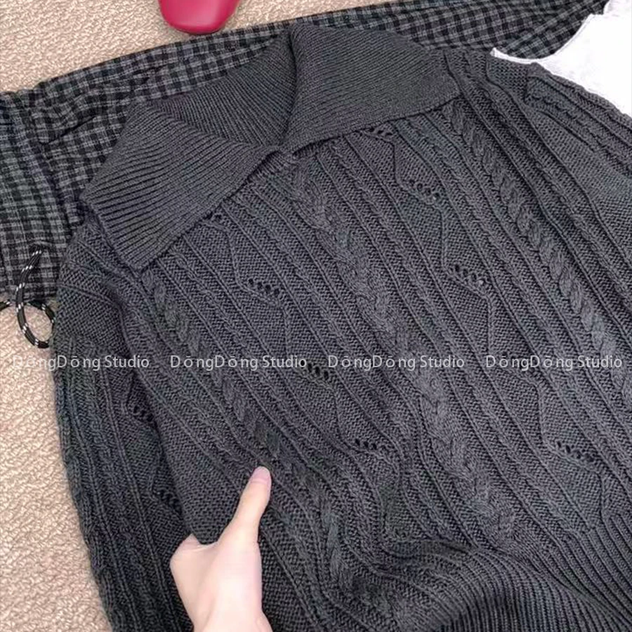 一眼惊艳！【时髦精】翻领套头纯色麻花宽松长袖针织衫保暖毛衣 095
