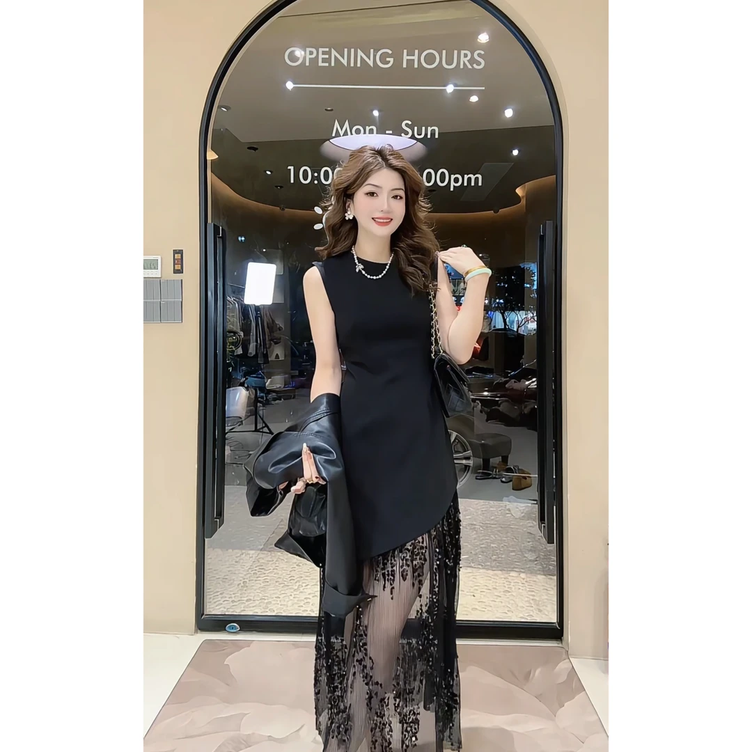 涵儿家 设计感收腰斜边西装拼接亮片网纱背心连衣裙