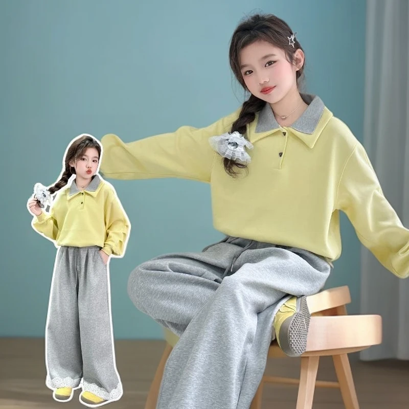 女童双领卫衣花边阔腿裤童装中大童春秋新女学4岁男童休闲运动