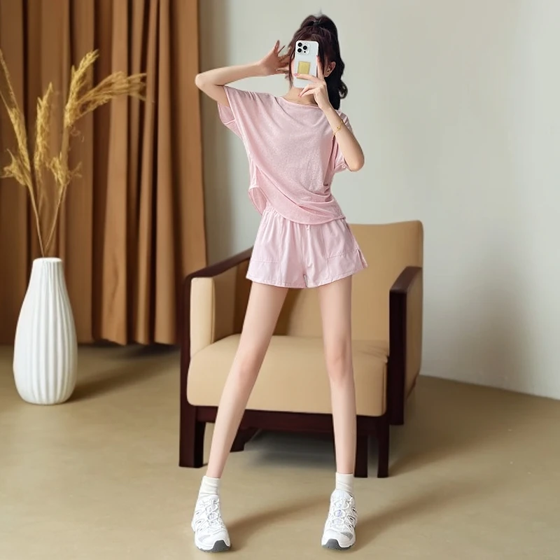 短裤小个子女士外穿瑜伽服短袖健身运动宽松速干晨跑夏季运动套装