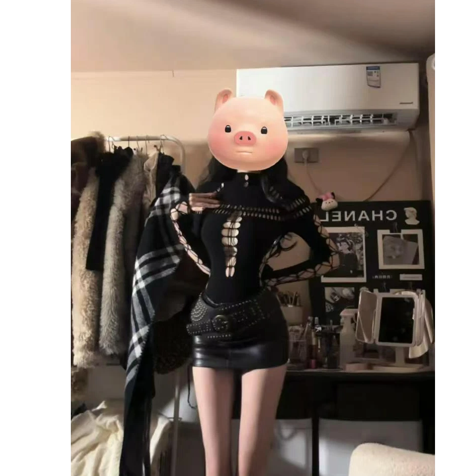 镂空朋克风机车少女泰兰德暗黑百搭款皮裙套装女辣妹2025春季新款