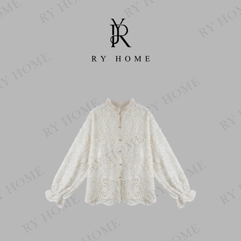 【容雨RYHOME】欧若风木耳边花朵刺绣蕾丝衬衫251C1342