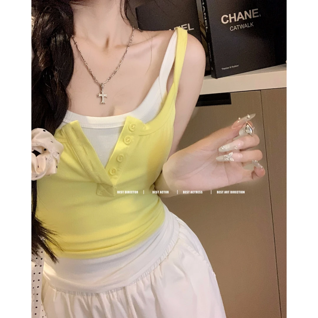 美式辣妹撞色假两件小吊带背心女秋季设计感修身通勤百搭上衣外穿