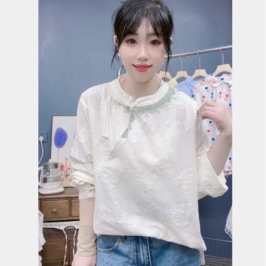 衬衫新中式刺绣盘扣小衫国风圆领春季复古设计感绣花小众