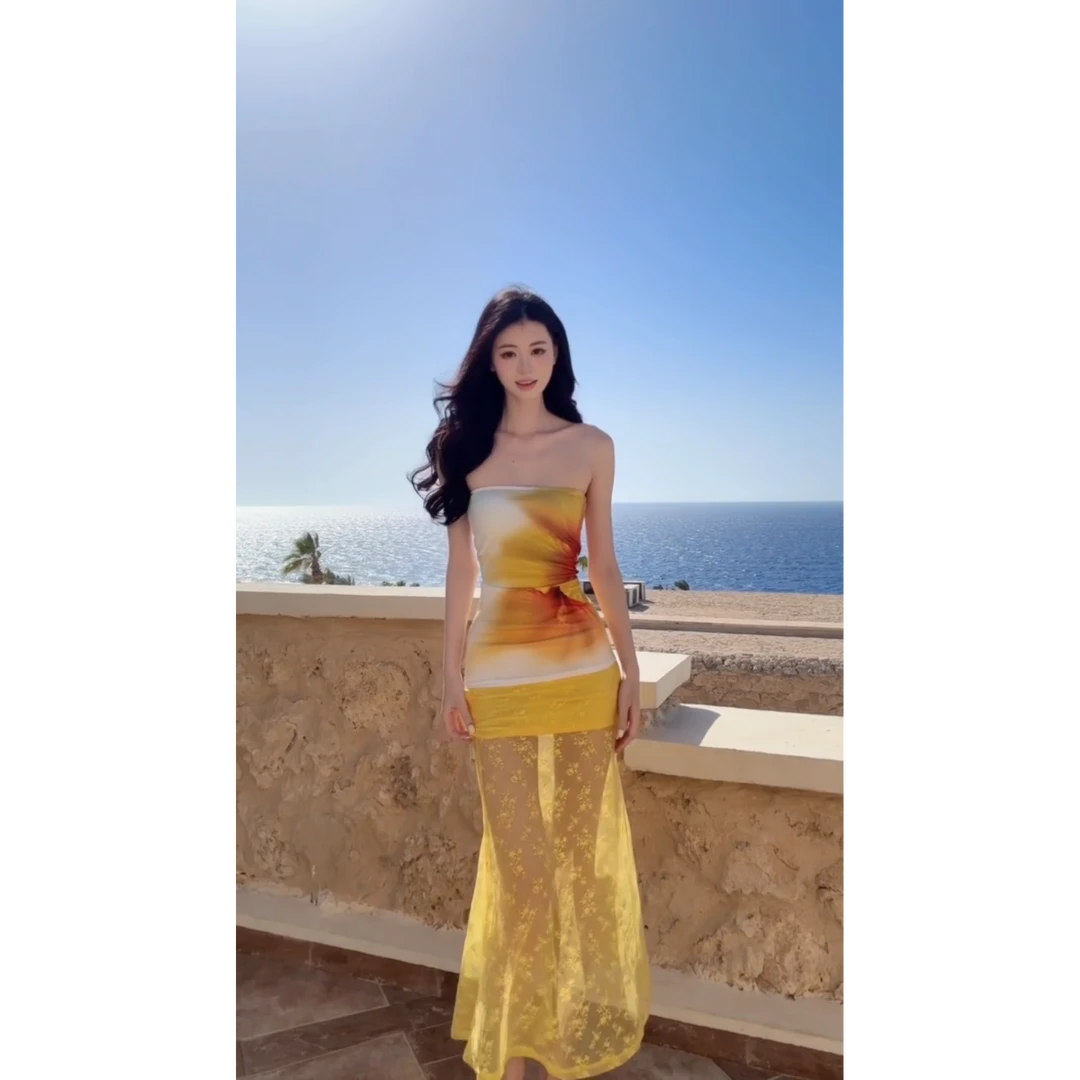 parkyeon海边度假风辣妹设计抹胸花朵黄色连衣裙蕾丝包臀鱼尾裙