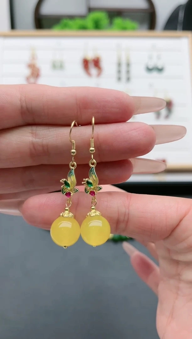 【闪购商品】玛瑙/玉髓耳饰银S925镀金镶嵌9