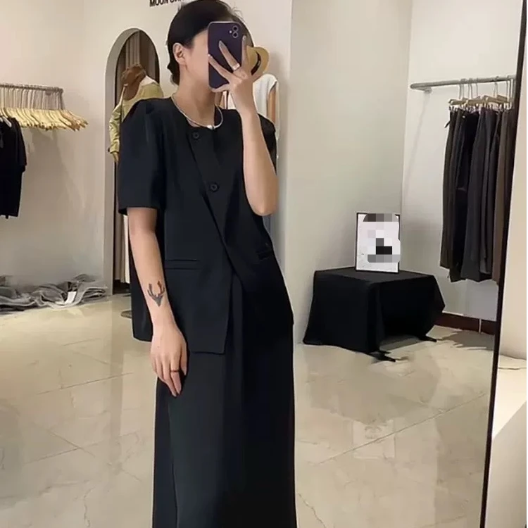 韩版休闲套装女夏季不规则泡泡袖衬衫黑色高腰a字半身长裙两件套