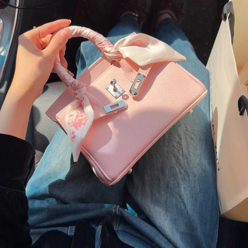 迷你荔枝纹真皮铂金包2025新款单肩斜挎手提包质感凯莉包银扣