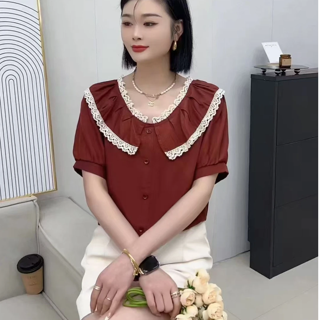 撞色荷叶领百搭显瘦气质衬衣2025夏季新品时尚法式减龄女士衬衫