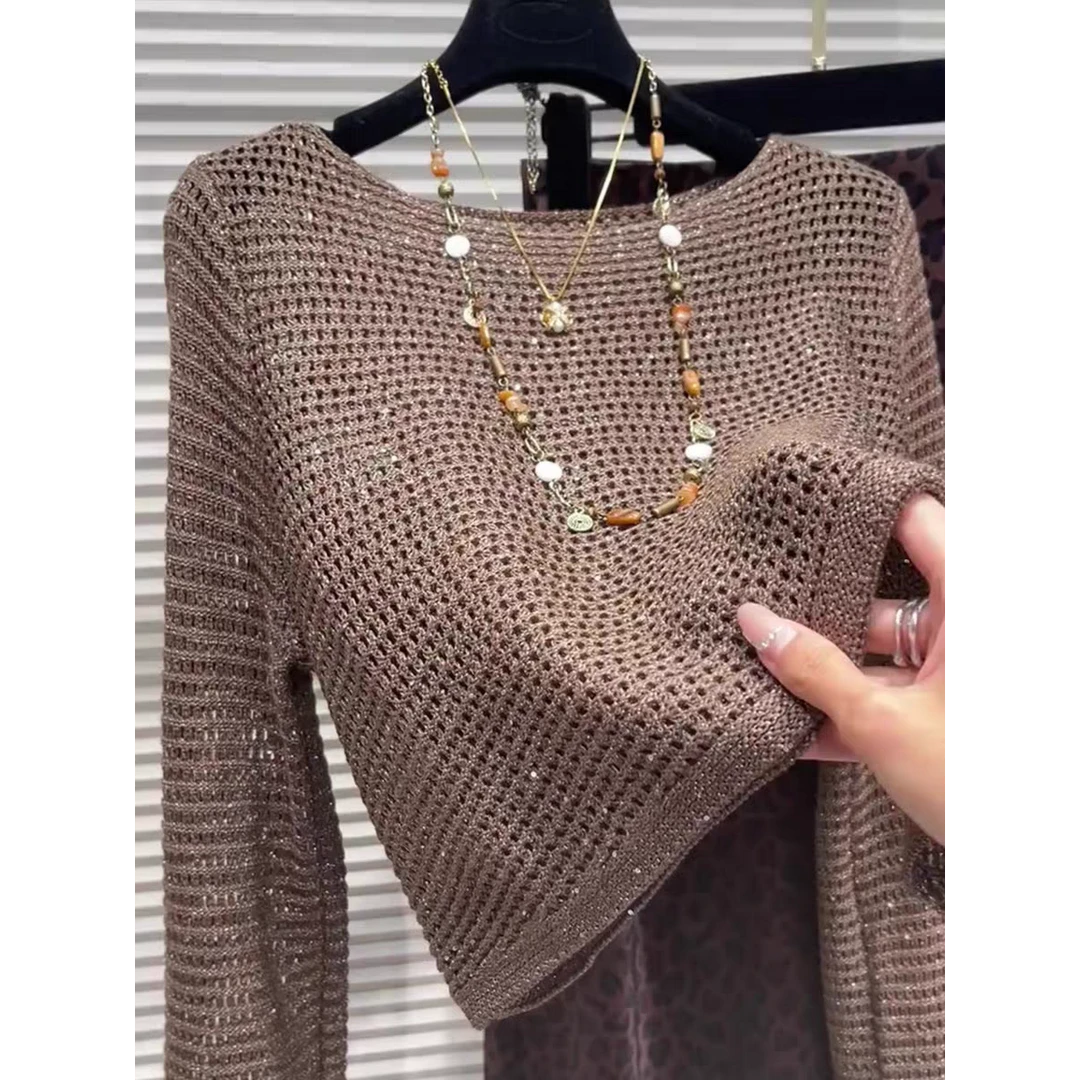 颜值拉满!镂空宽松设计感2025早秋长袖简约针织衫时尚洋气上衣女