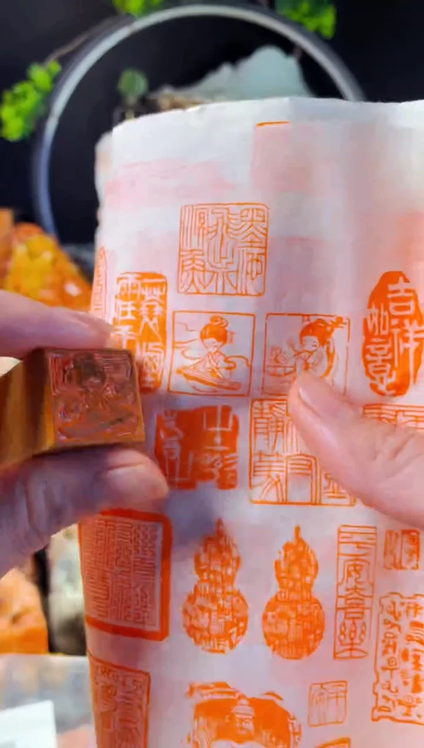 老挝石印石手工篆刻《弹古琴女孩》2.0木纹