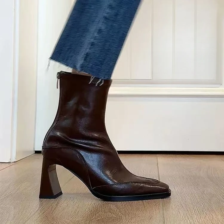 卓诗尼芙妮6cm马鞍棕黑色方头粗跟弹力瘦瘦靴马丁气质靴子