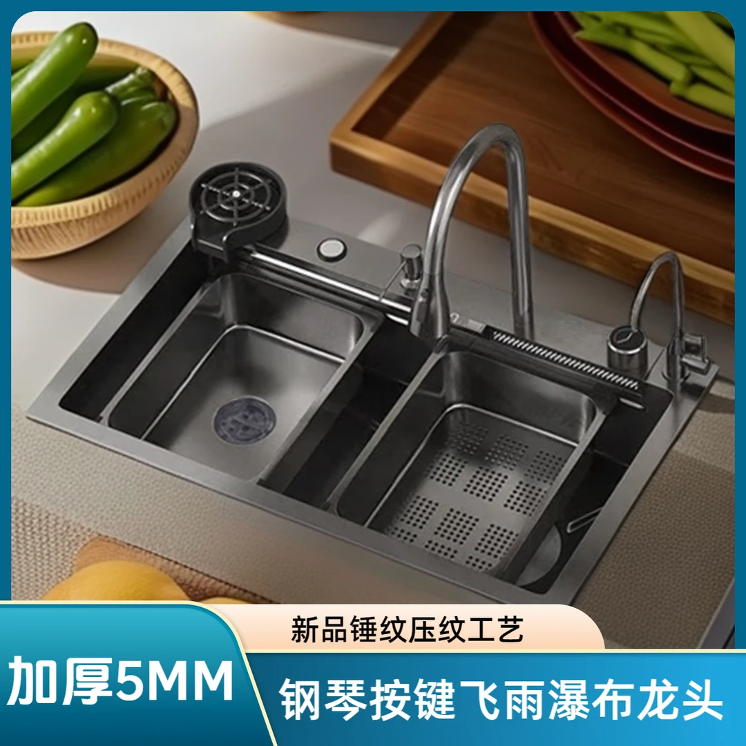 戈莱瑞加厚5MM新品锤纹飞雨水槽大单槽SUS304不锈钢厨房洗菜盆