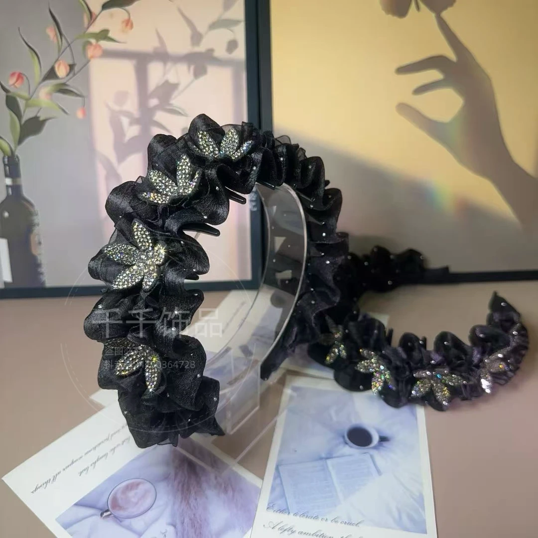 韩式透气倒齿镶钻花朵高颅顶时尚百搭网红气质减龄款发箍T0902