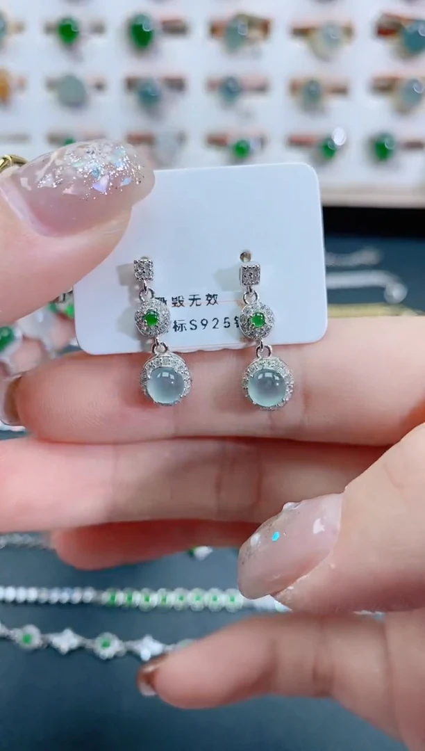 银S925镶嵌翡翠耳饰天然翡翠