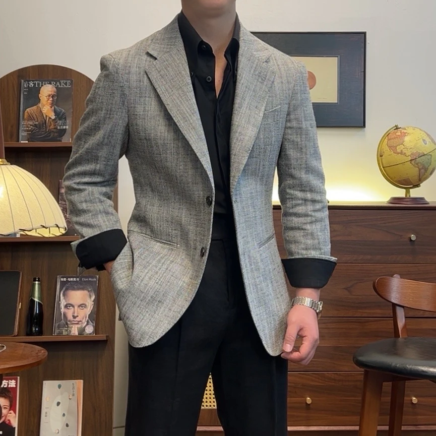 西格Xg棉麻西服男士西装设计款休闲商务超薄单西外套夏款老钱6434