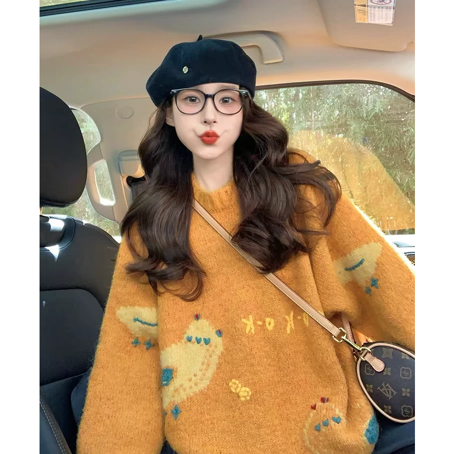 韩系可爱卡通减龄加厚软糯慵懒风复古针织毛衣ZX 8002#