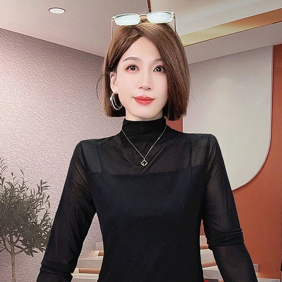 高领烫钻网纱T恤半高领打底衫女2025秋季新款黑色长袖洋气小衫薄