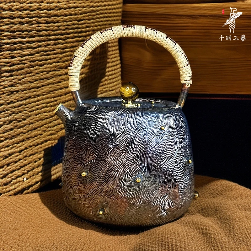 【千羽铜壶】600ML树皮纹提梁烧水壶煮茶壶手工锤纹精品茶具茶器