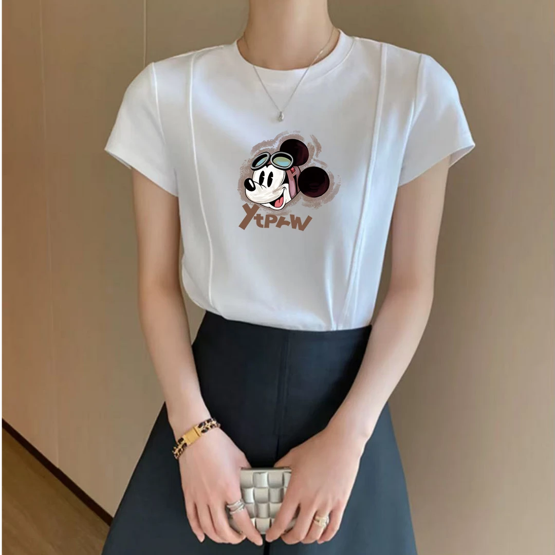 女夏季新款韩版白色修身显瘦百搭上衣ins鱼骨线设计感圆领短袖t恤