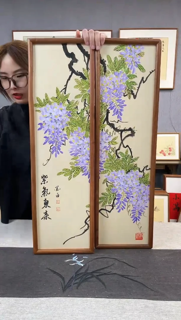 【闪购商品】国画手写手绘带框作品-20*70-紫藤