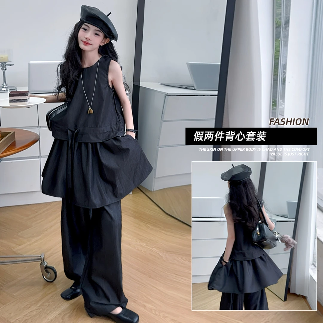 女童夏季衣服设计感休闲韩版无袖气质洋气炸街宽松儿童假两件套装