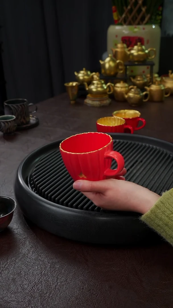 【闪购商品】杯【宜景窑中国红描金】筋纹马克杯