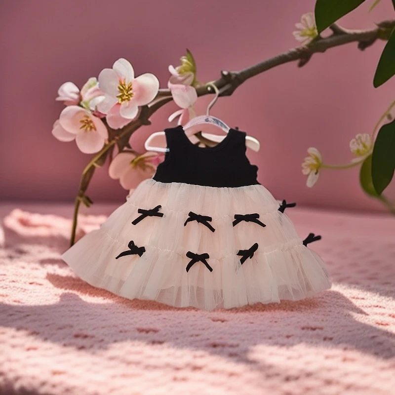 女童夏季甜美连衣裙拼接蝴蝶结网纱蓬蓬裙女宝洋气公主裙