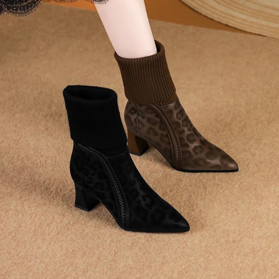 25年新款秋冬丝绸牛皮小短靴时尚女靴洋气百搭毛线袜靴瘦瘦靴加绒
