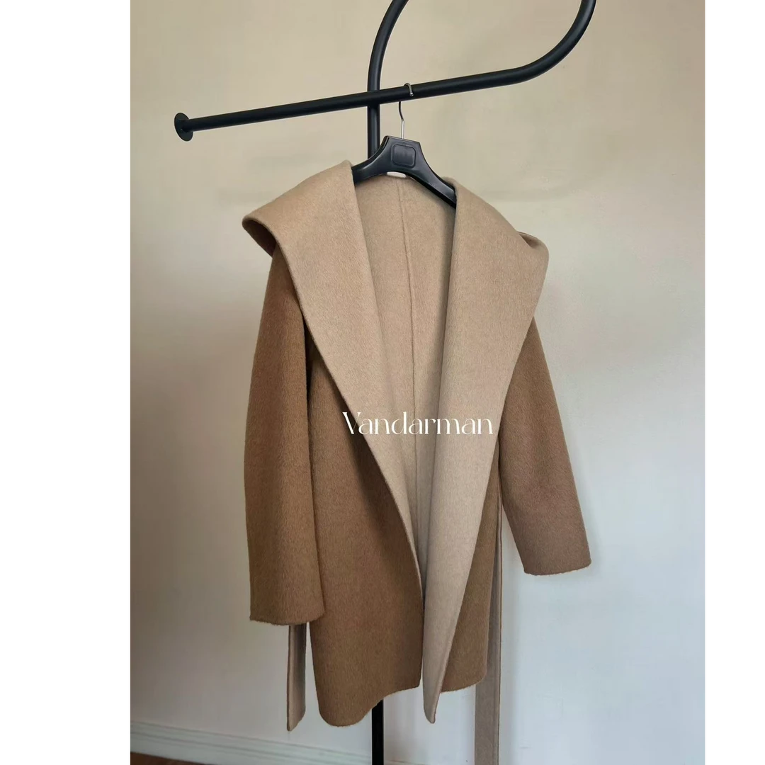 【纯羊毛】轻职风气质毛呢外套女保暖毛呢女士经典直下摆连帽中长款