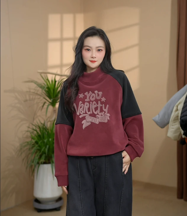 冬季新款字母休闲百搭拼接印花女卫衣绒衫假两件圆领加厚加绒