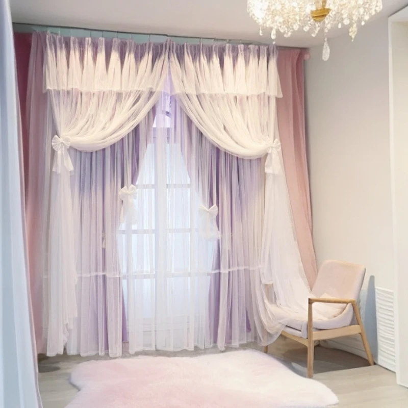 窗帘韩式公主风成品定制网红梦幻遮光卧室客厅飘窗落地窗布纱一体