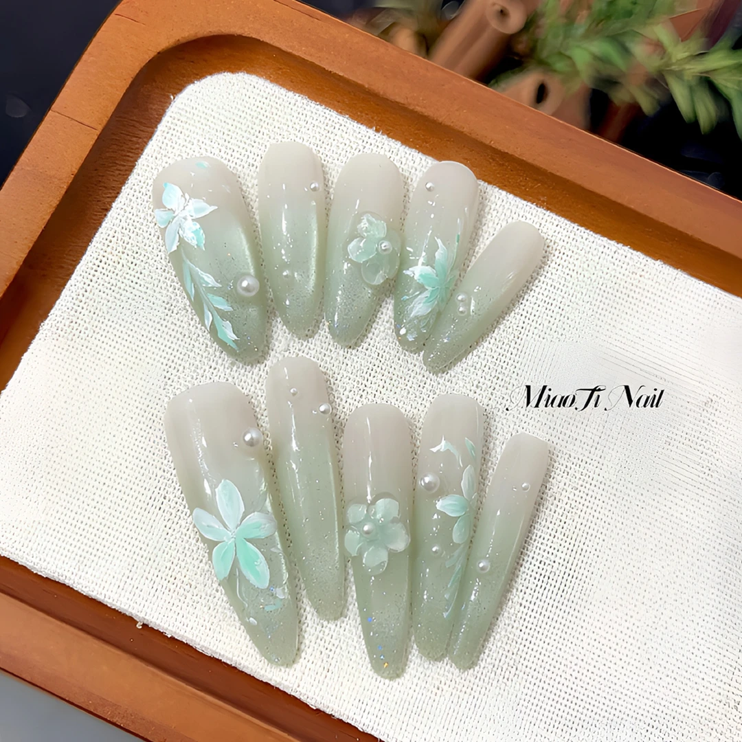 【绿芙】【甲型可定制】猫哥miaoti新中式国风绿色冰透纯手工穿戴甲